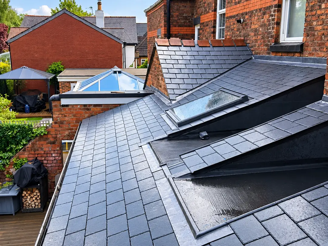 New slate extension roof with a Velux window and flat roof sections