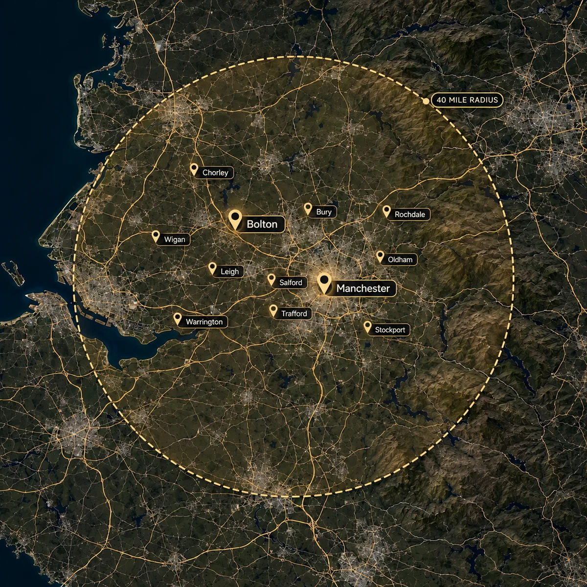 Map showing S&S Roofing's 40-mile service radius around Manchester and Bolton, with pins for Chorley, Wigan, Leigh, Warrington, Salford, Trafford, Bury, Rochdale, Oldham and Stockport